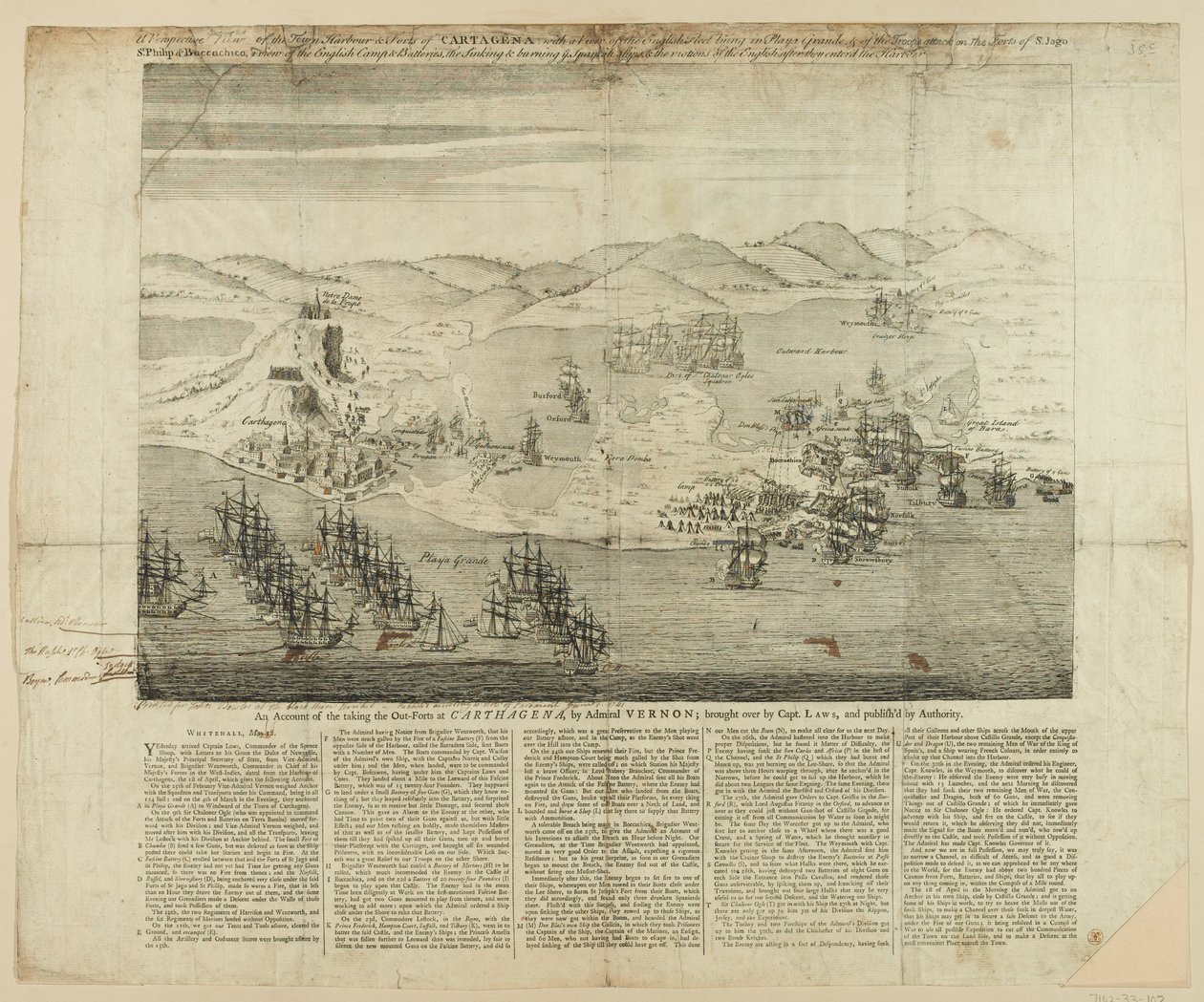 A Perspective Draft of Town, Harbour and Forts of Carthagena i 1739, udgivet 1741 (streggravering) af English School