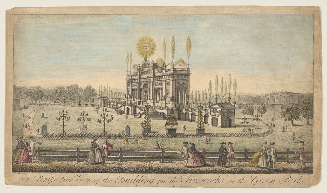 Et perspektivbillede af bygningen til fyrværkeriet i Green Park, London af English School