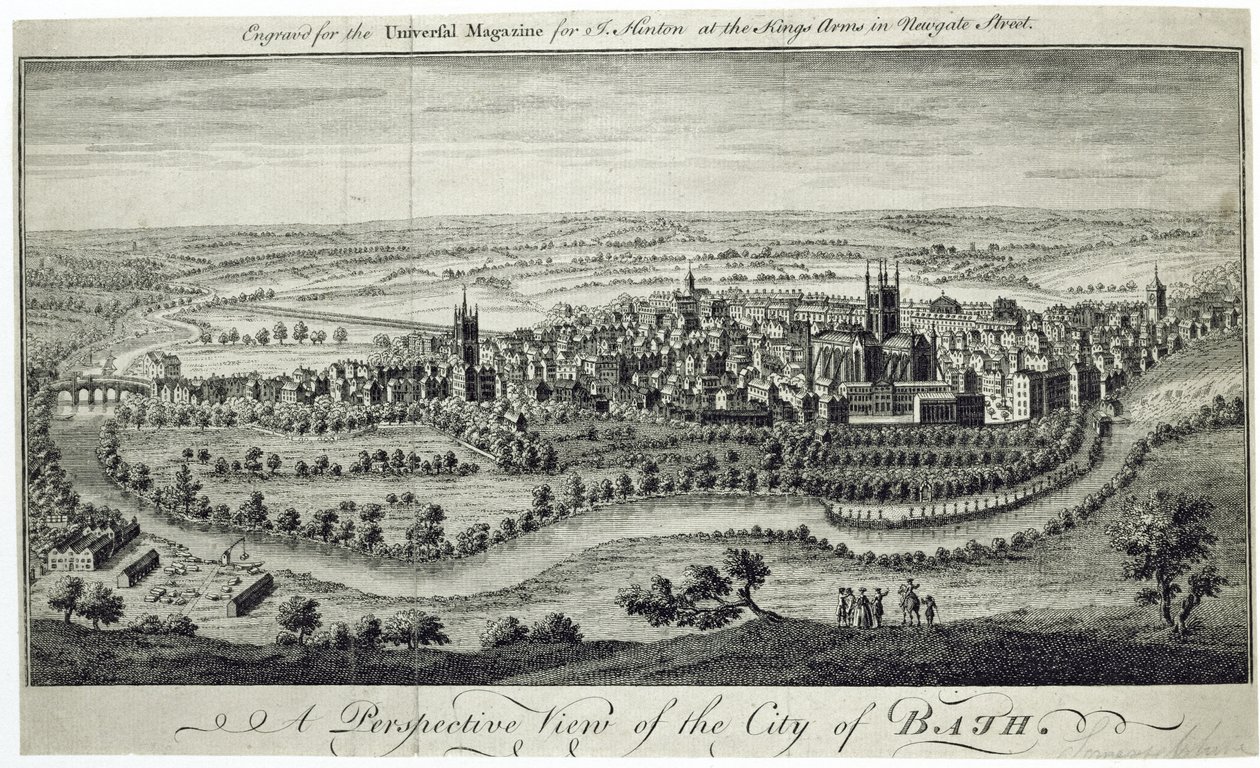 Et perspektivbillede af byen Bath, indgraveret til Universal Magazine, ca. 1750 af English School