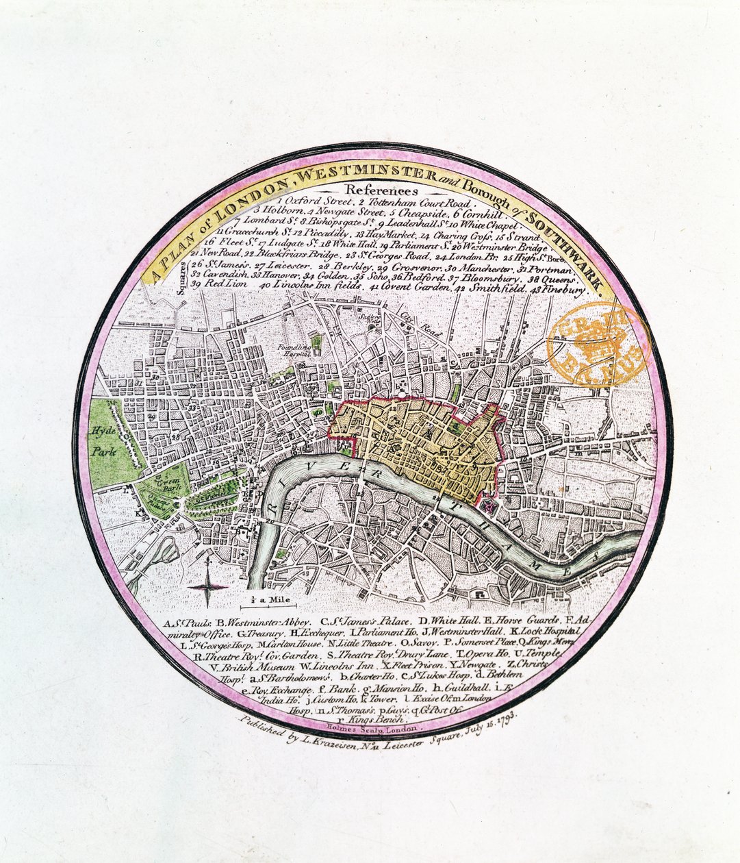 A Plan of London, Westminster og Borough of Southwark, 1793 (håndfarvet gravering) af English School