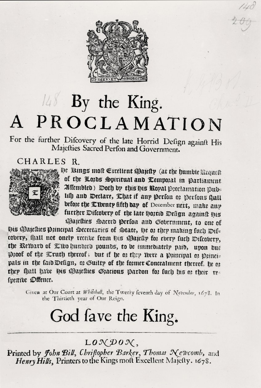 En proklamation af kongen til yderligere opdagelse af det sene grufulde design mod hans majestæters hellige person og regering, 27. november 1678 af English School