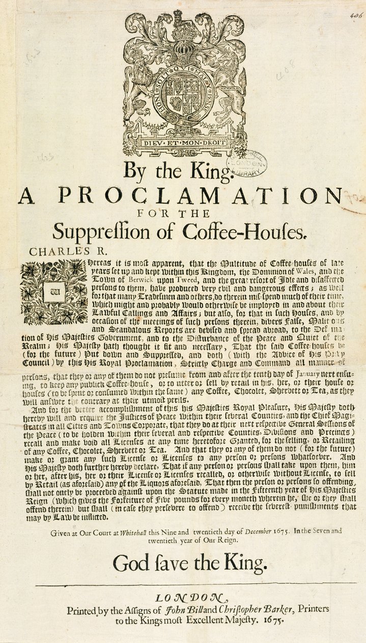 En proklamation af kongen til undertrykkelse af kaffehuse, 1675 af English School