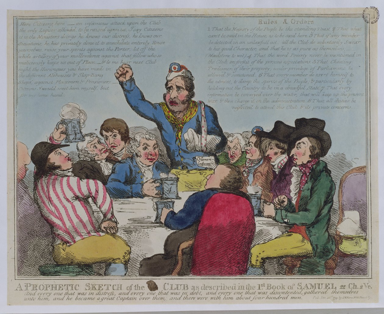 En profetisk skitse af klubben som beskrevet i 1. Samuelsbog, 22 Ch, 2 Ve, pub. af S.W. Fores, 1799 (farvet radering) af English School
