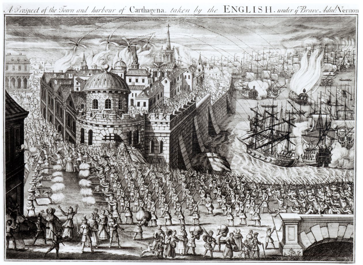 En udsigt over byen og havnen i Carthagena, taget af englænderne under den tapre admiral Vernon, 1741 af English School