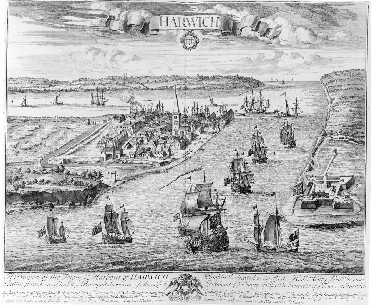 En udsigt til Towne og Harbour of Harwich af English School