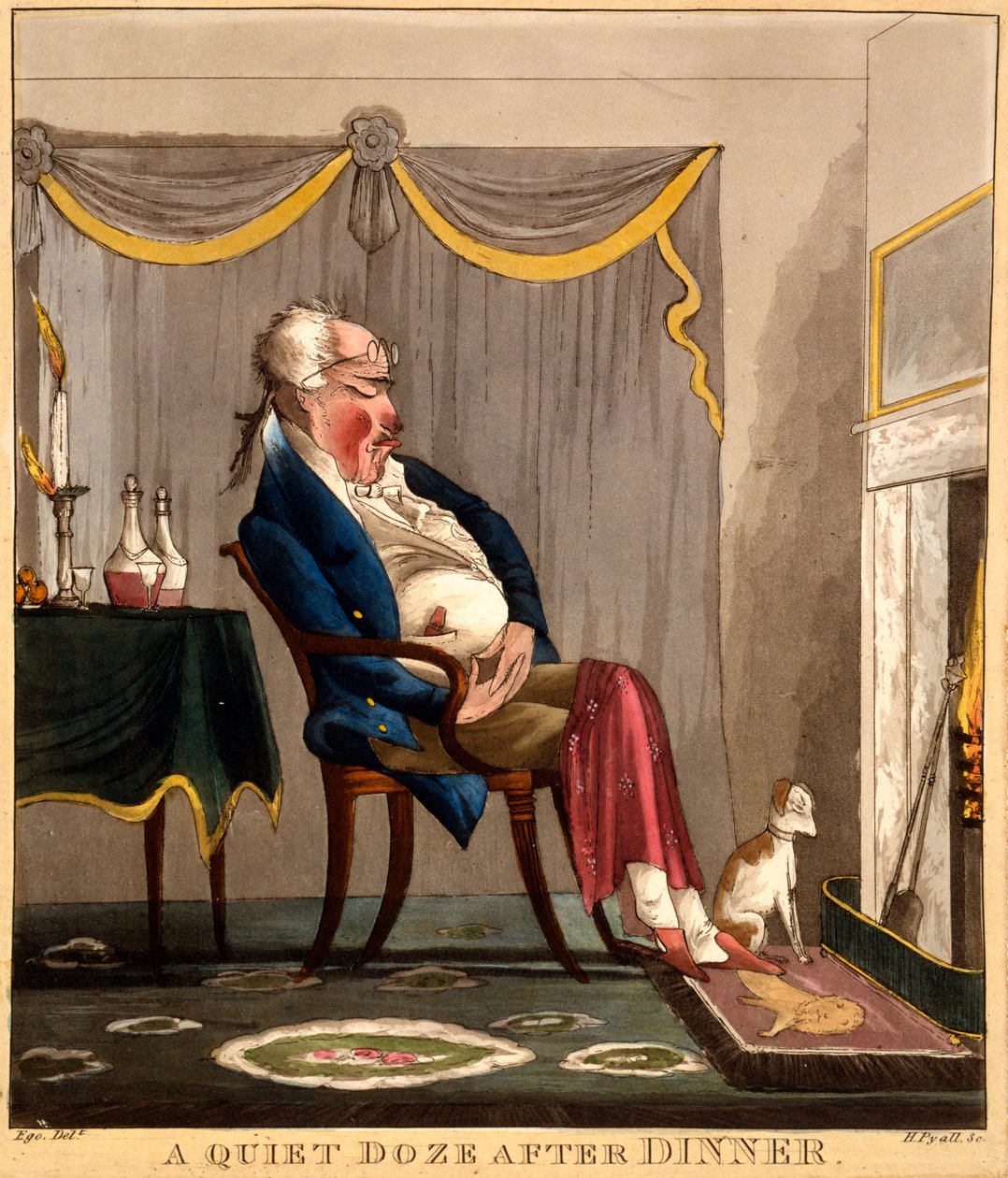 A Quiet Doze After Dinner, tryk lavet af H. Pyall, ca. 1827-33 (håndkoloreret gravering) af English School