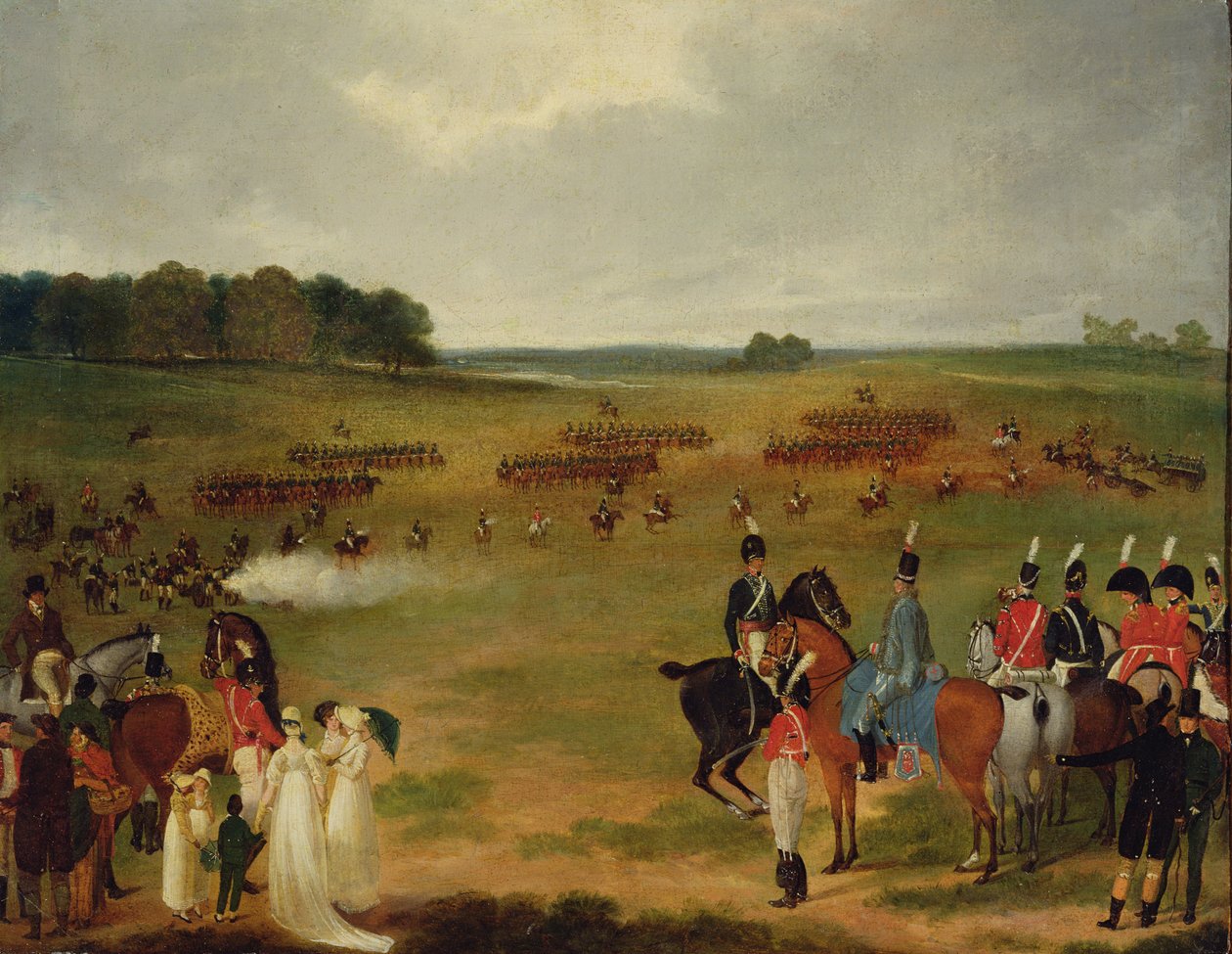 En gennemgang af Londons frivillige kavaleri og flyvende artilleri i Hyde Park i 1804, ca. 1804 (olie om bord anbragt på panel) af English School