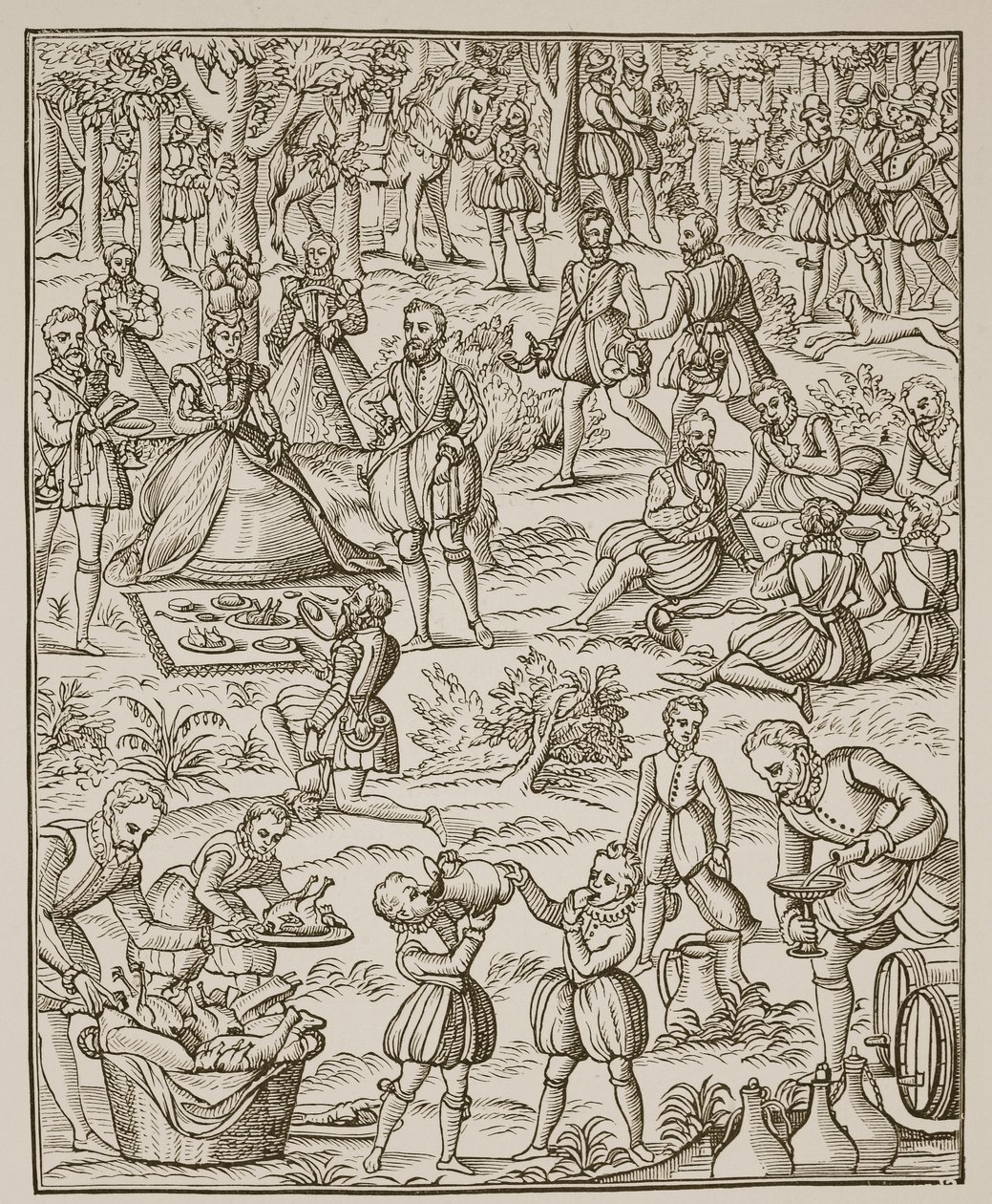 A Royal Picnic, tallerken fra Noble Art of Venerie and Hunting af George Turberville, 1575 (sepia foto) af English School