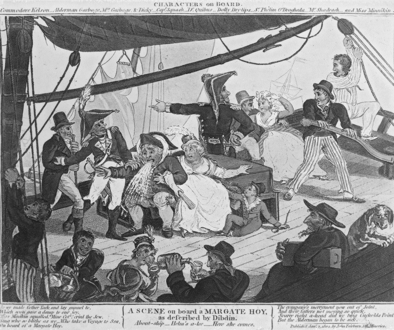 En scene om bord på en Margate Hoy, som beskrevet af Dibdin, 1804 (håndfarvet radering) af English School
