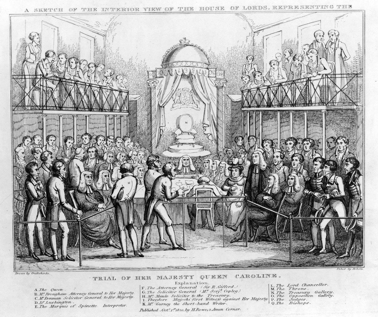 En skitse af det indre billede af House of Lords, der repræsenterer retssagen mod Hendes Majestæt Dronning Caroline, pub. 1820 (s/h gravering) af English School