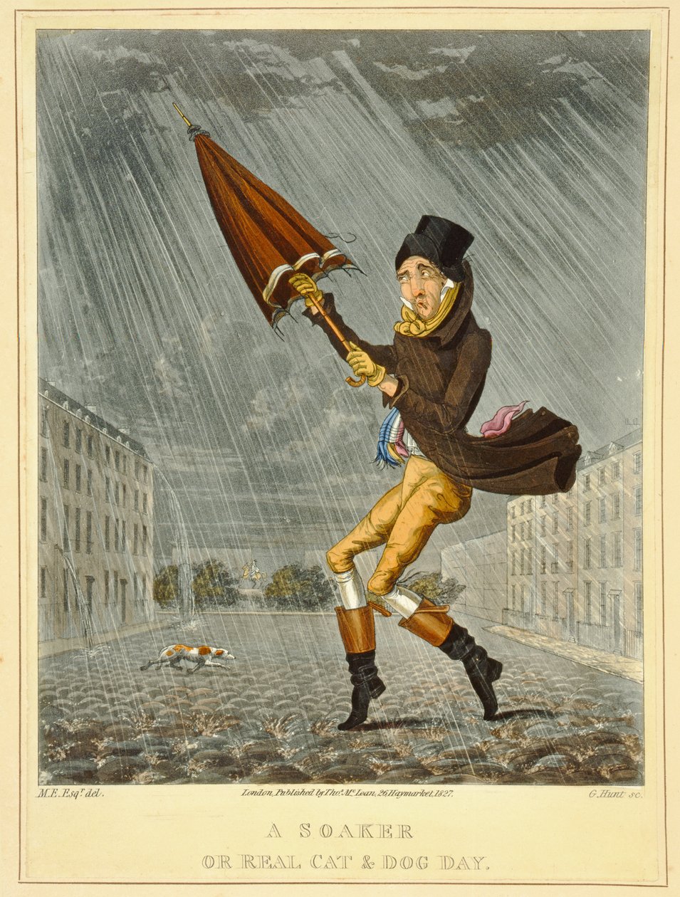 A Soaker or Real Cat and Dog Day, graveret af G. Hunt, udgivet af Thomas McLean, London, 1827 (farvet radering) af English School