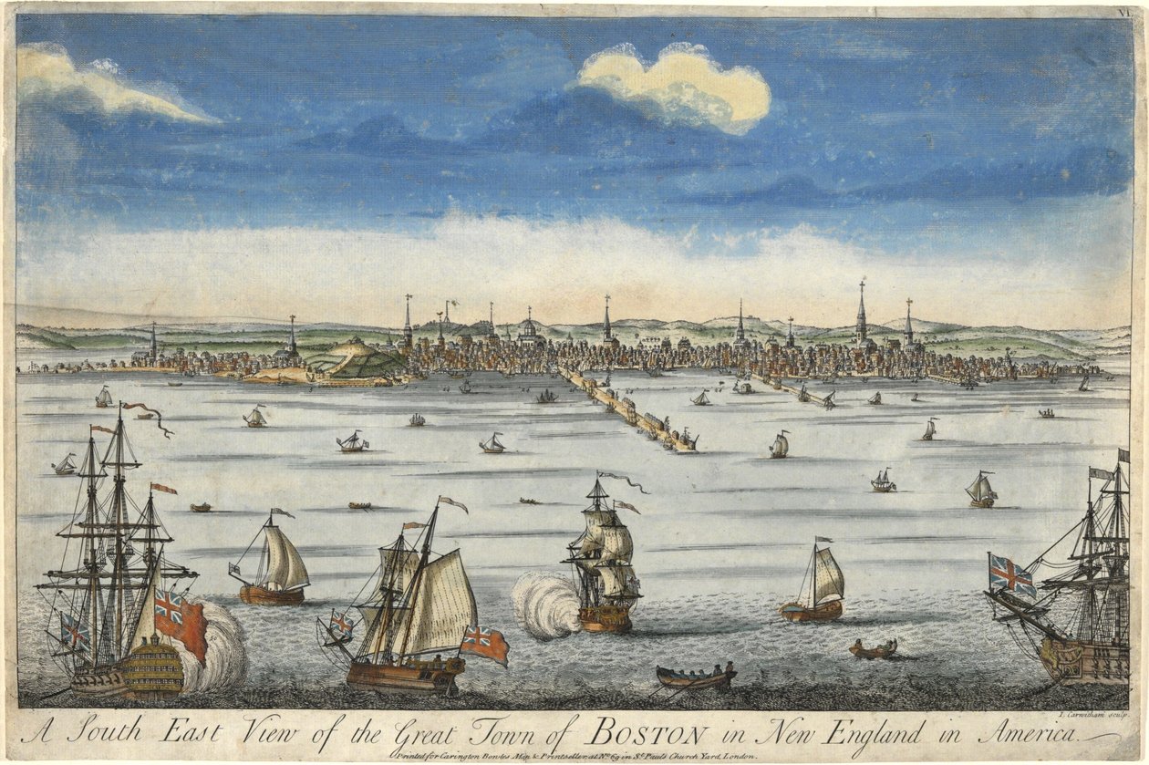 En sydøstlig udsigt over den store by Boston i New England, ca. 1730 (håndfarvet gravering) af English School