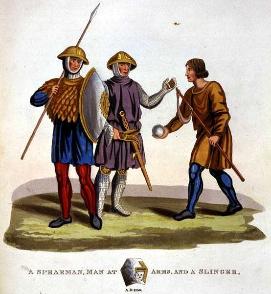 En spydmand, en våbenmand og en slynge af English School