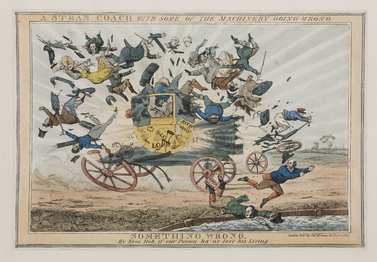 En dampvogn med noget af maskineriet, der går galt, ca. 1825 af English School