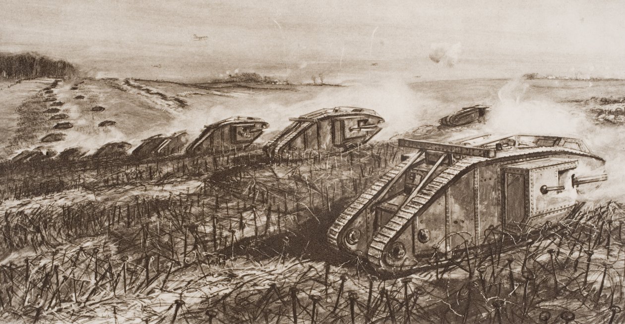 En kampvognsoffensiv ved Cambrai, Frankrig, illustration fra "The Outline of History" af H.G. Wells, bind II, udgivet i 1920 af English School