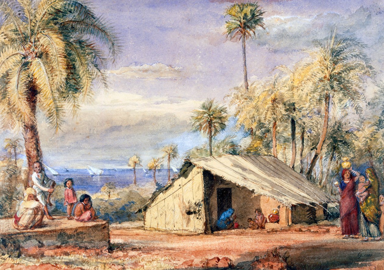 A Toddy-Drawers Hut in a Grove of Date Palms, Bombays præsidentskab, Indien (wc på papir) af English School