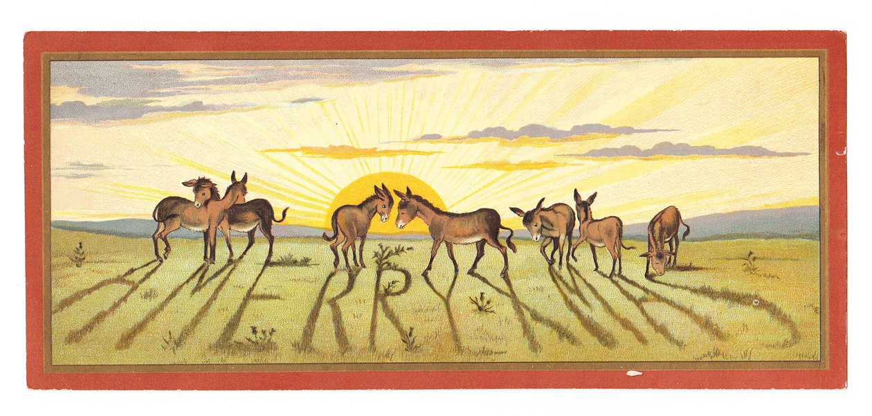 A Victorian Christmas Card of a sunset casting shadows from a row of donkeys that read "Merry Xmas", circa 1880dani af English School