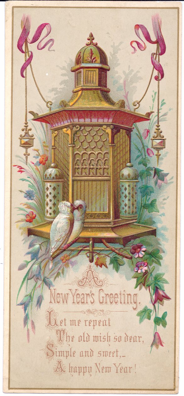 A Victorian Christmas card depicting an elaborate birdcage with a pair of lovebirds, c.1880dani af English School