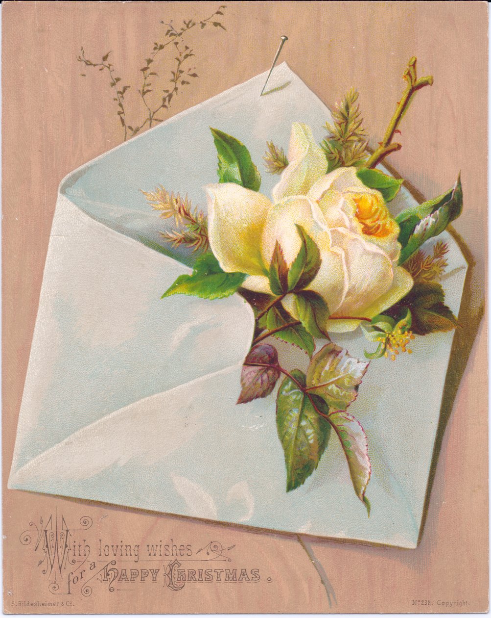A Victorian Christmas card depicting an envelope with a rose protruding from it, c.1880dani af English School