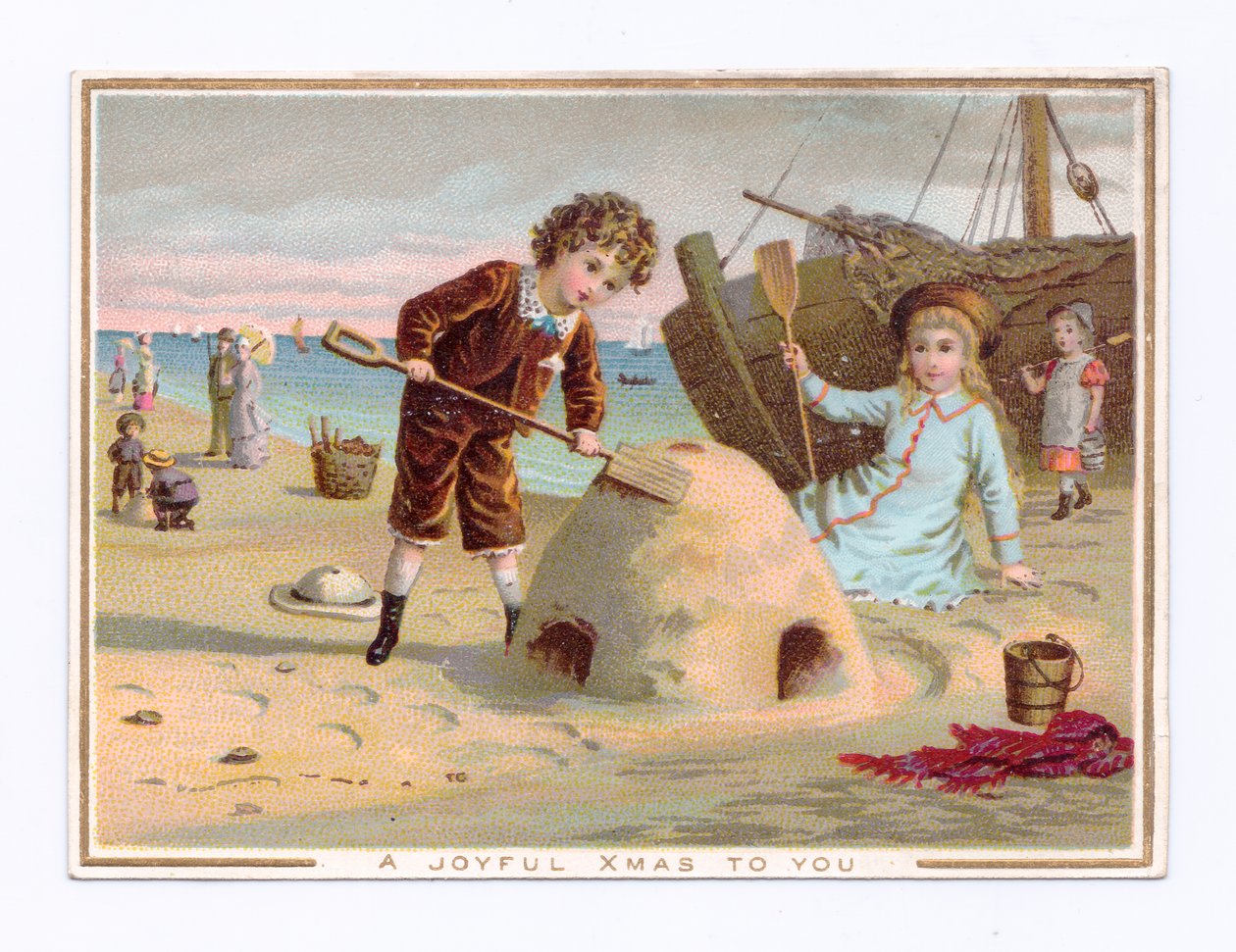 Et victoriansk julekort af en dreng, der bygger et sandslot på en strand, ca. 1880 (farve litho) af English School