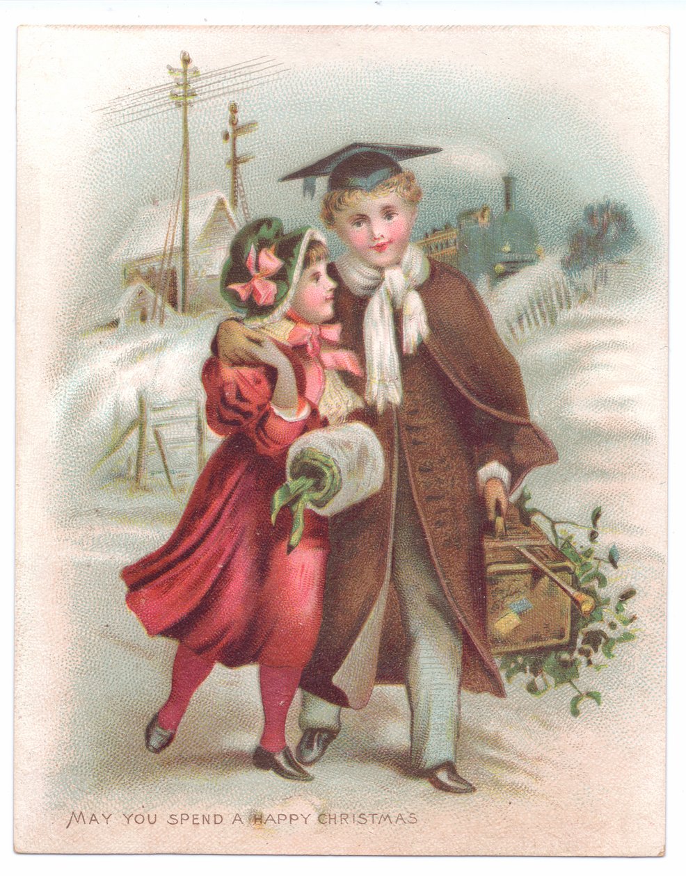 Et victoriansk julekort af en dreng iført et mørtelbræt med armen rundt om en pige, der går gennem sneen, ca. 1880 (farve litho) af English School