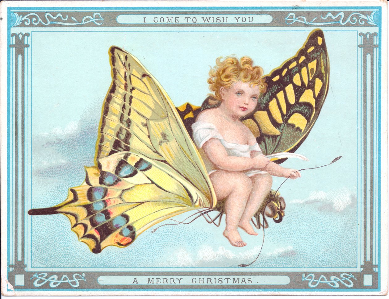 Et victoriansk julekort af et barn, der flyver på en sommerfugl, ca. 1920 af English School