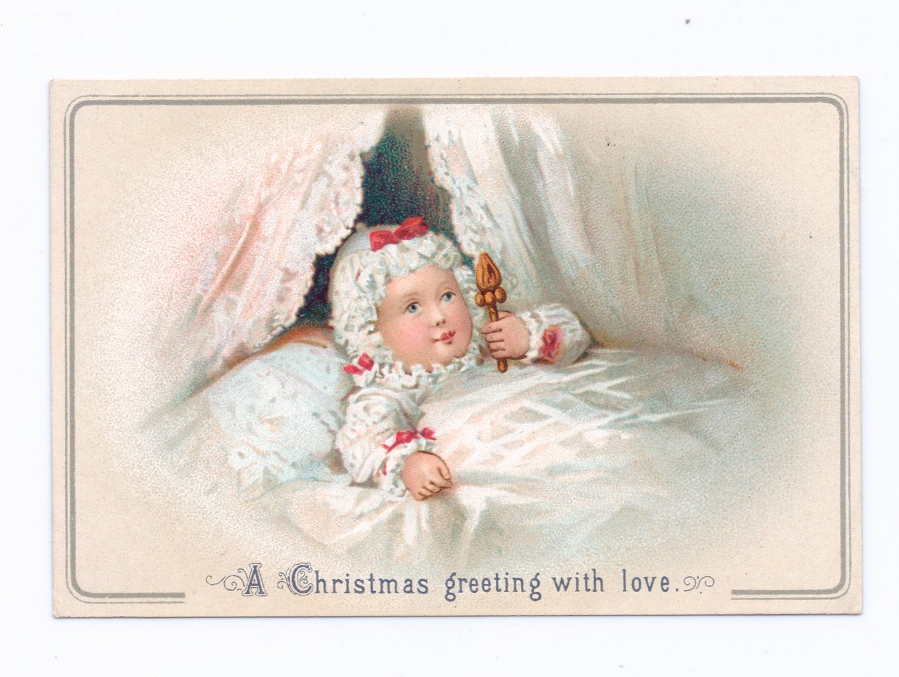 Et victoriansk julekort af et barn i sengen med en rangle, ca. 1880 (farve litho) af English School