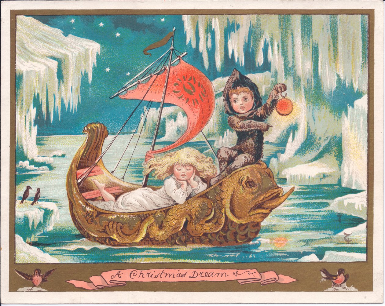 Et victoriansk julekort af en pigefe, der sover i en udsmykket delfinbåd på et frosset hav, mens en drengefe holder en lampe, ca. 1880 (farve litho) af English School