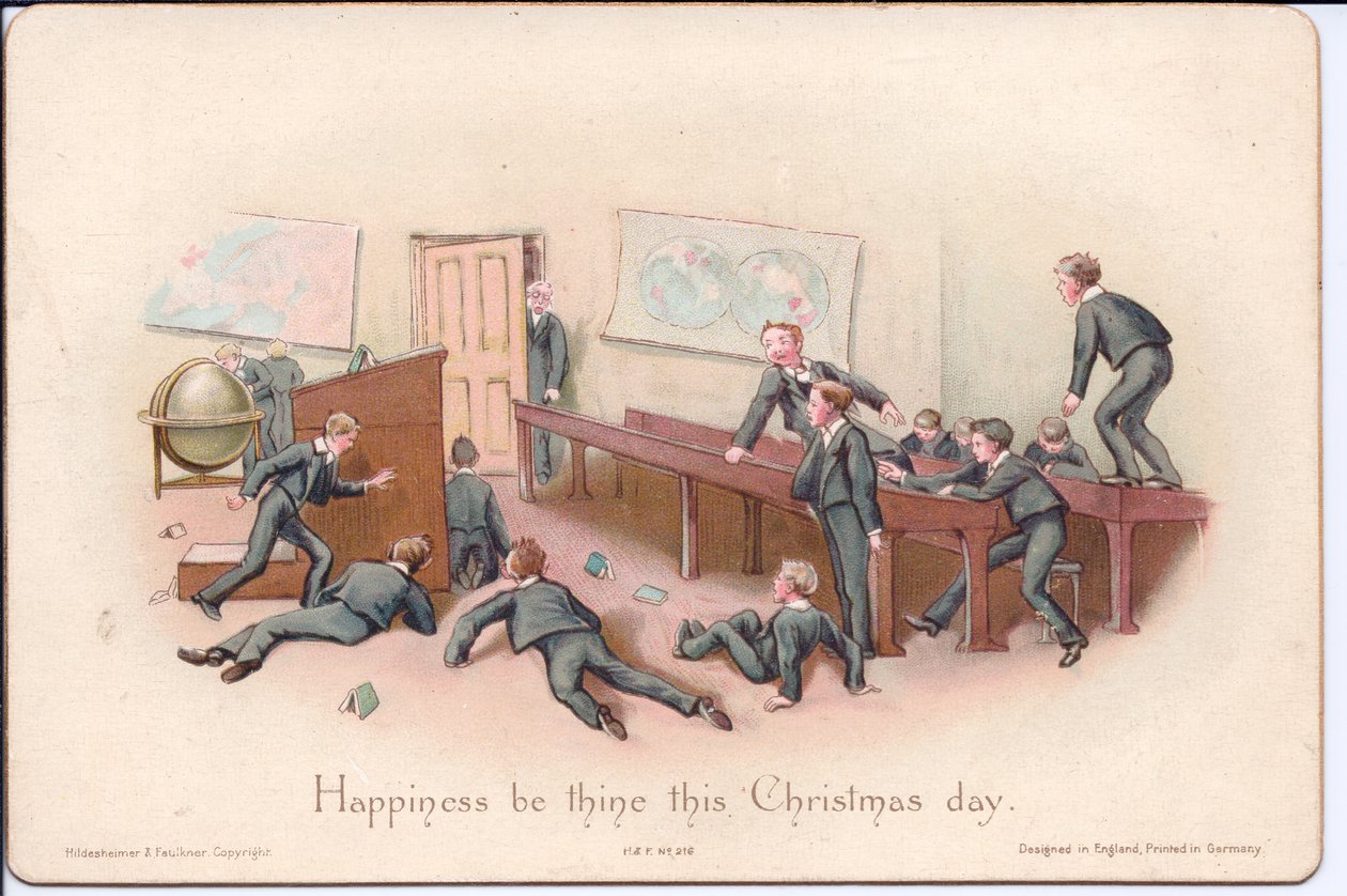 Et victoriansk julekort af en rektor, der ser på uregerlige drenge i et klasseværelse, ca. 1880 (farve litho) af English School