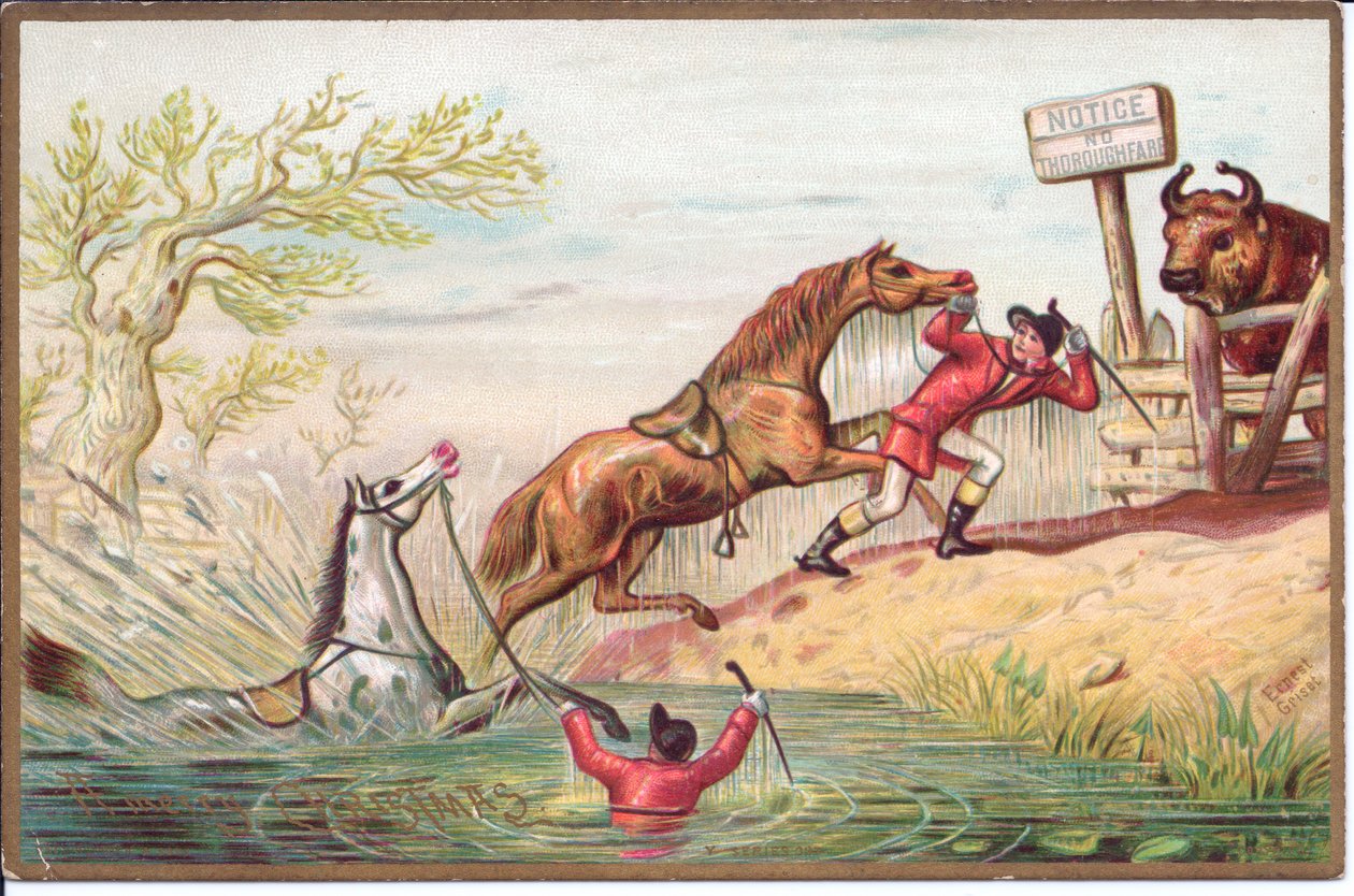 Et victoriansk julekort af en hest, der tæsker i vandet, mens den anden bliver trukket i land af sin rytter, ca. 1880 (farve litho) af English School