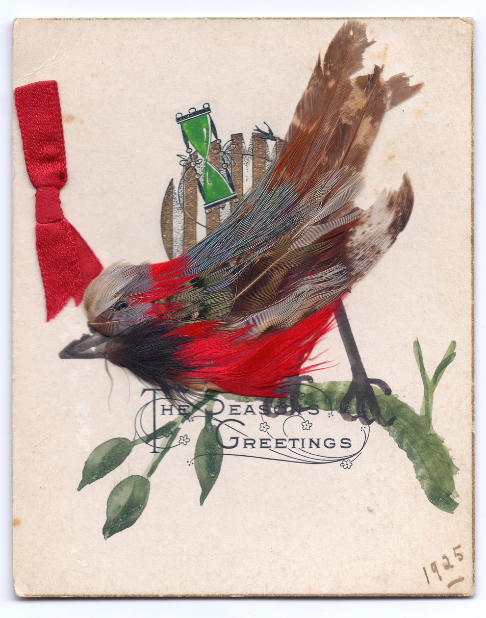 A Victorian Christmas card of a robin made out of feathers, 1925dani af English School