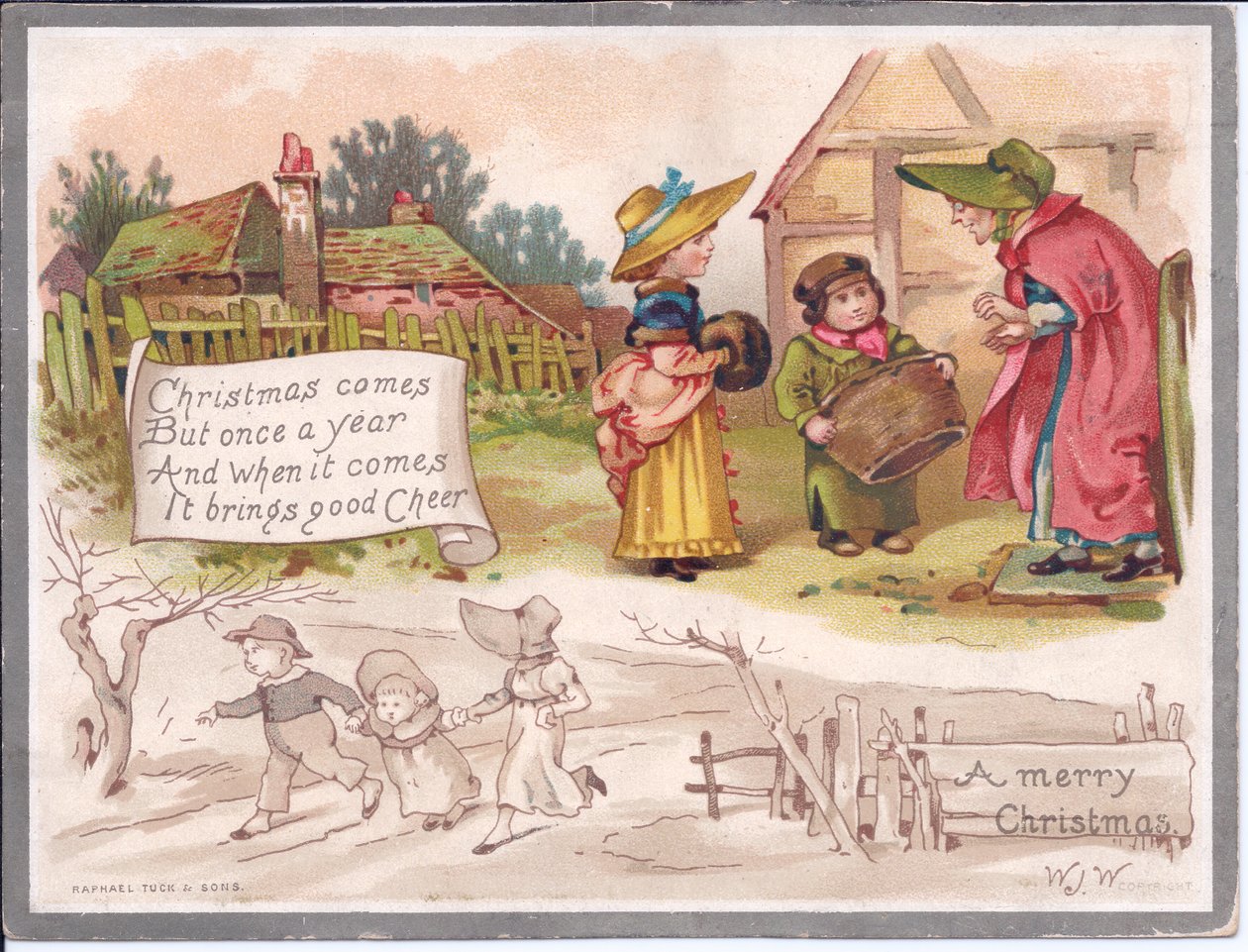 Et victoriansk julekort af en ældre kvinde med to børn på en gård, ca. 1880 (farve litho) af English School