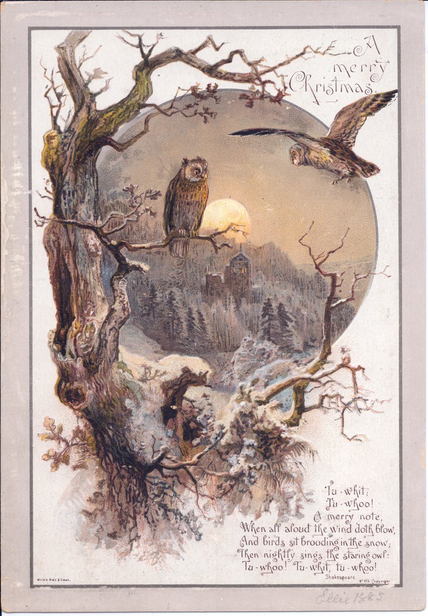 Et victoriansk julekort af en ugle på en gren på en måneskin nat, ca. 1880 (farve litho) af English School