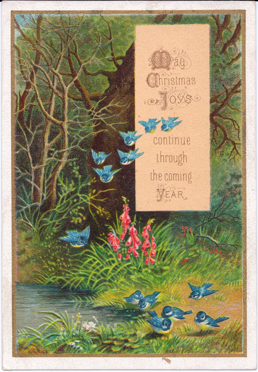 Et victoriansk julekort med blå fugle i skovomgivelser, ca. 1880 (farve litho) af English School