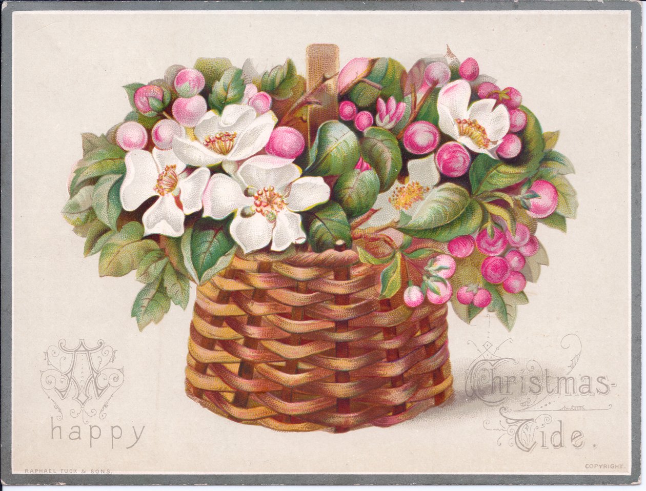 Et victoriansk julekort med blomster og blade i en flettet kurv, ca. 1880 (farve litho) af English School