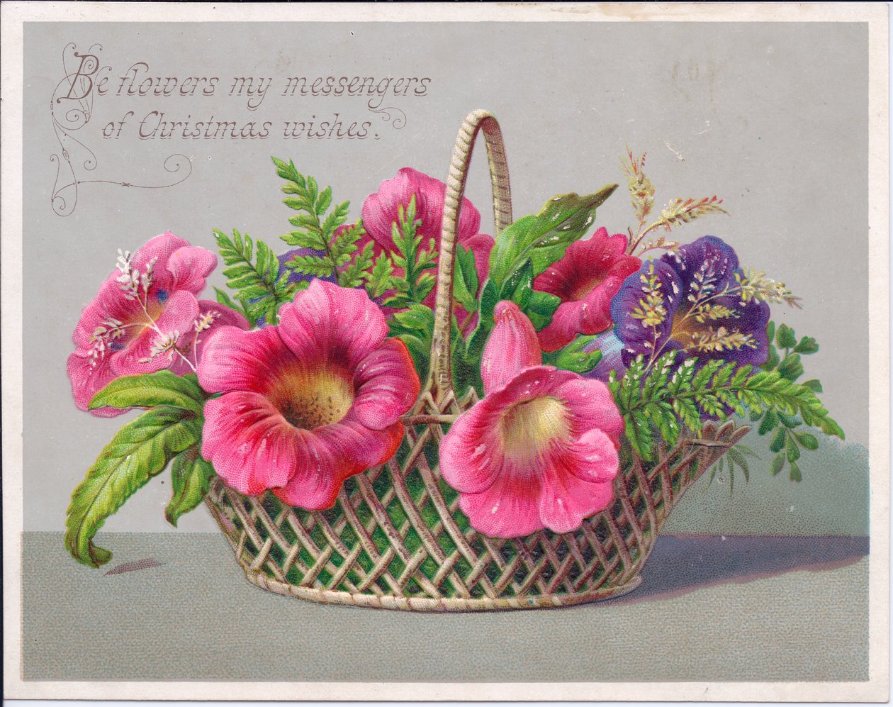 Et victoriansk julekort med blomster i en flettet kurv, ca. 1880 (farve litho) af English School