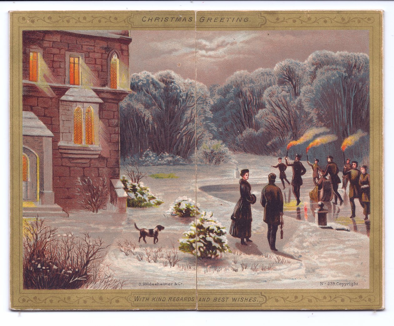 Et victoriansk julekort med skatere med flammende fakler, der skøjter på en frossen sø foran et palæ med tilskuere og en hund, ca. 1880 af English School