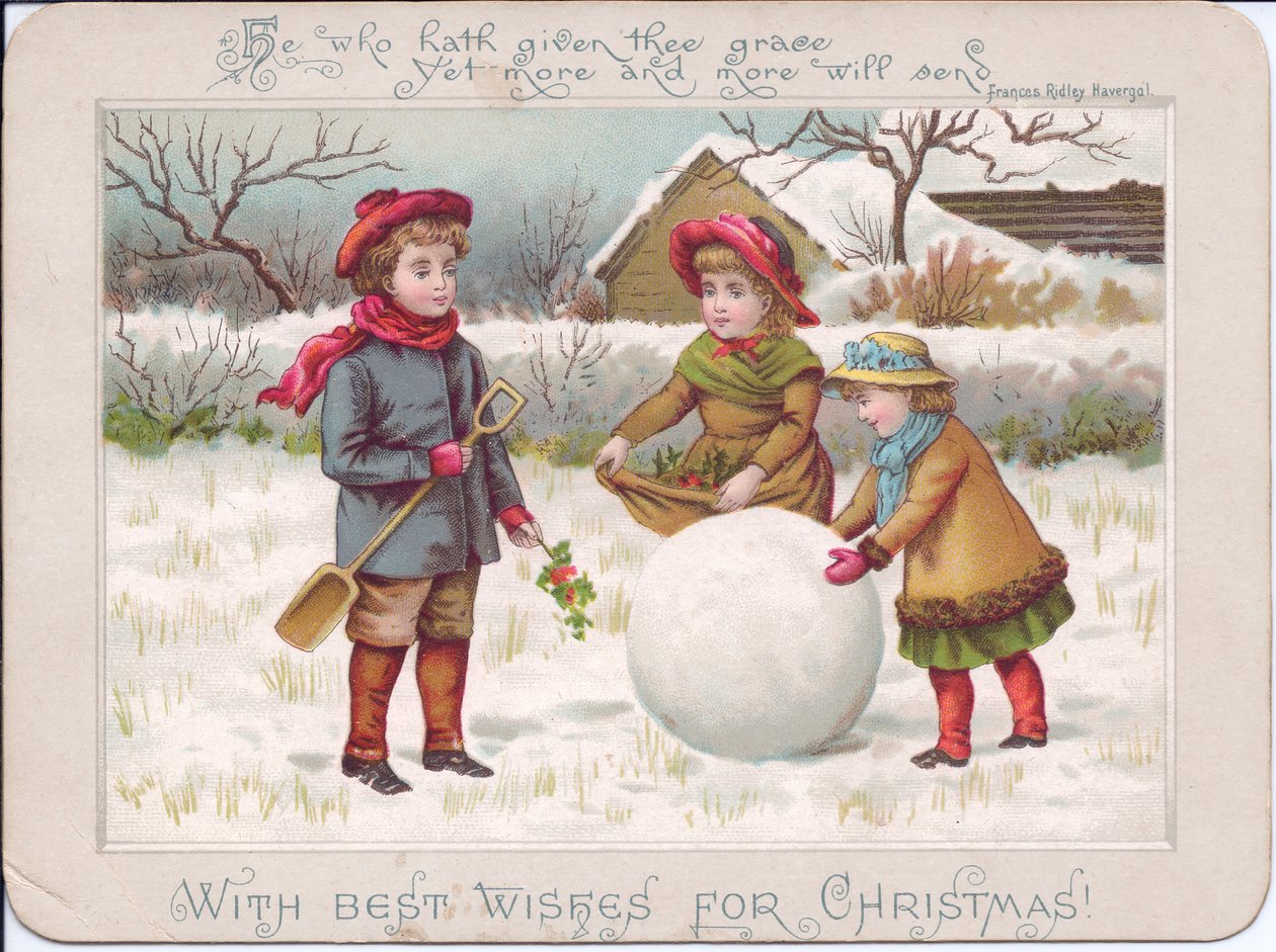 Et victoriansk julekort med tre børn, der leger med en stor snebold, ca. 1880 (farvelitografi) af English School