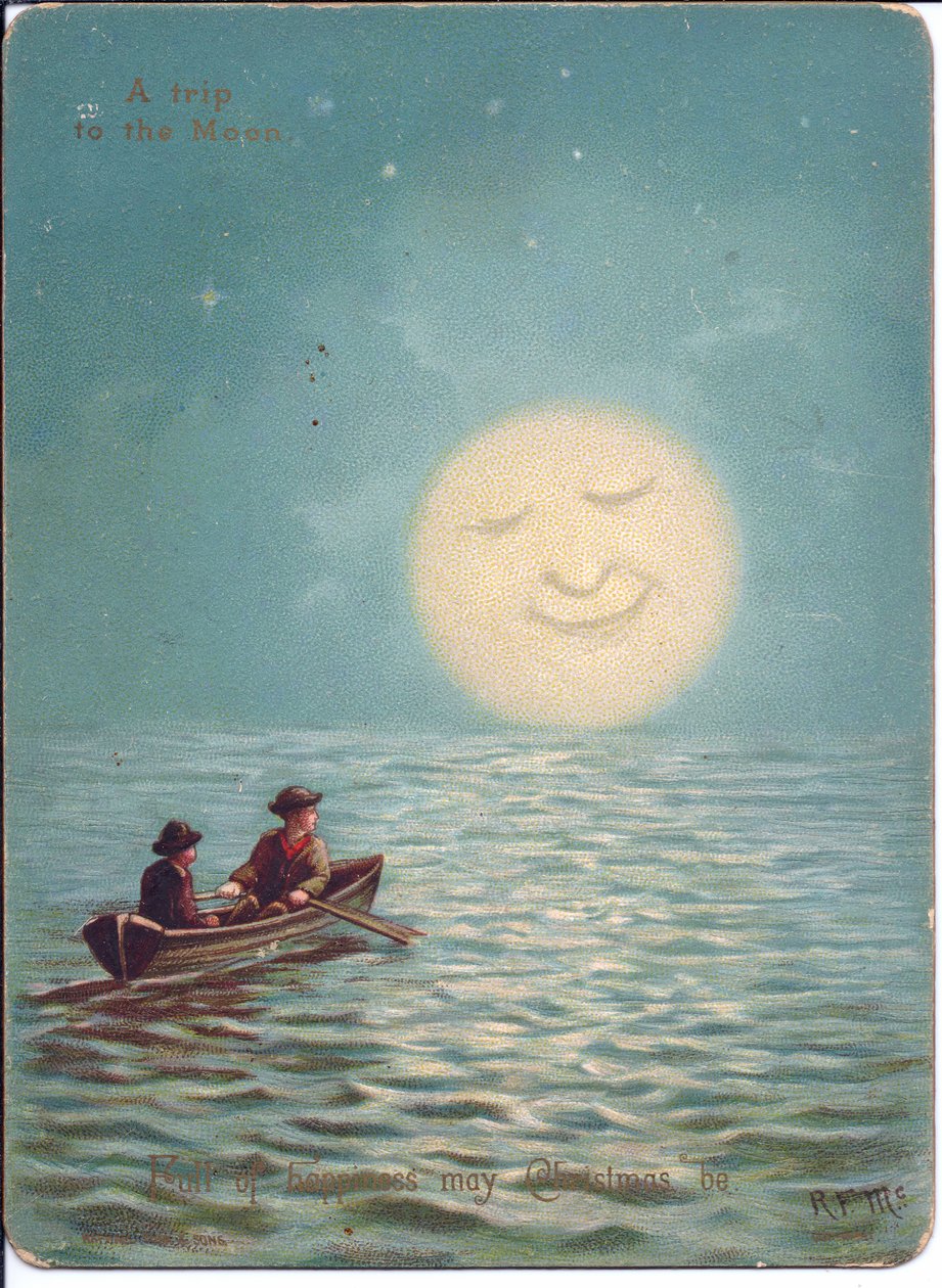 Et victoriansk julekort af to drenge i en robåd på en måneskin nat, ca. 1880 (farve litho) af English School