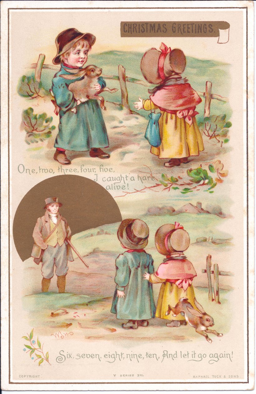 Et victoriansk julekort med to børn med en hare, ca. 1880 (farve litho) af English School