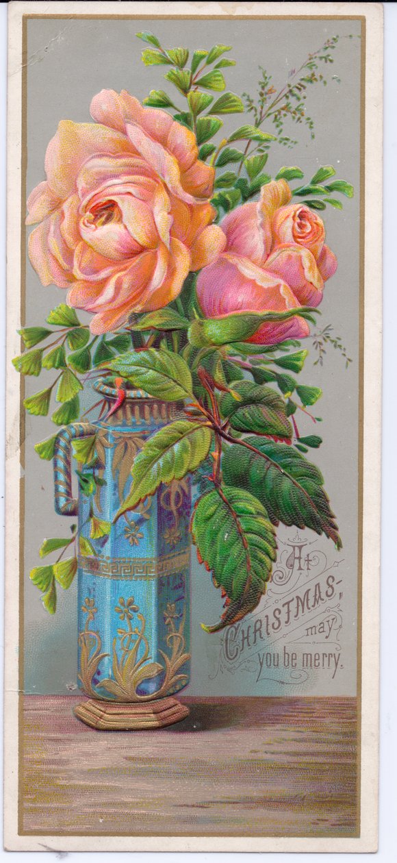 Et victoriansk julekort med roser i en blå vase, ca. 1880 (farvelitografi) af English School