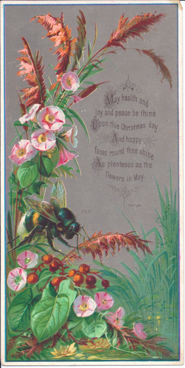 Et victoriansk nytårskort af en bi, der svæver over blomster, omkring 1880 af English School