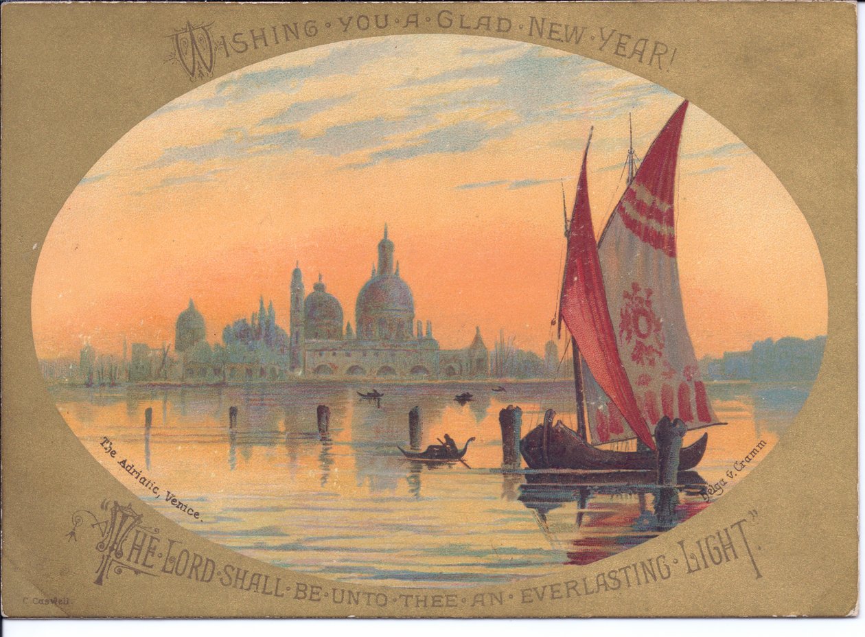 Et victoriansk nytårskort af en båd og gondoler på Adriaterhavet, Venedig, ca. 1880 (farvelitografi) af English School