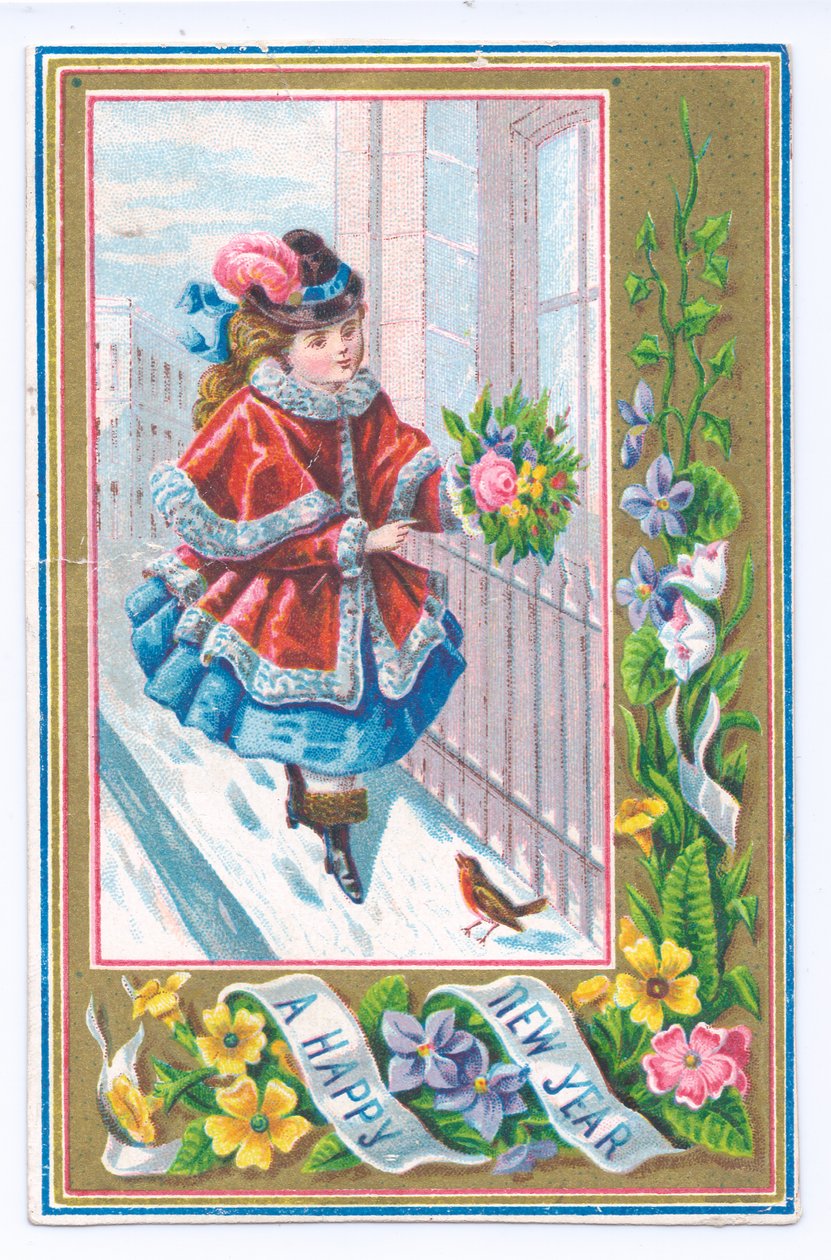 Et victoriansk nytårskort af en pige klædt i en pelsforet kappe med en buket blomster, der går i sneen, ca. 1880 (farve litho) af English School