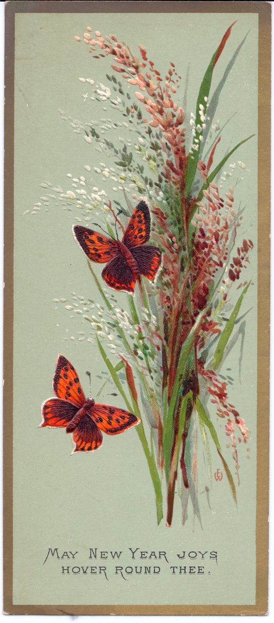 Et victoriansk nytårskort med to sommerfugle blandt høje græsser, ca. 1880 af English School
