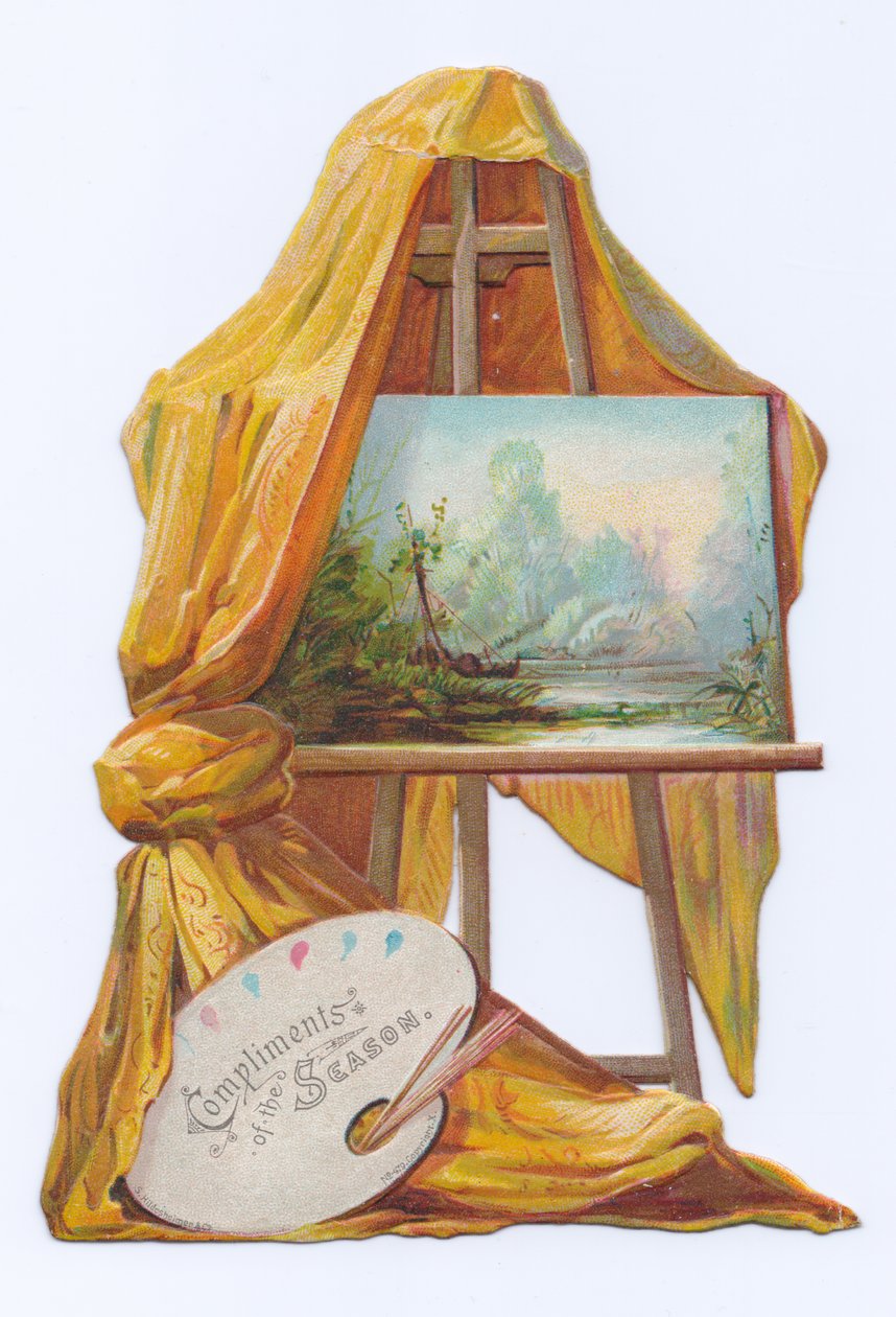 Et victoriansk udstanset formkort af et maleri på et staffeli med et draperi på, ca. 1880 (farvelitografi) af English School