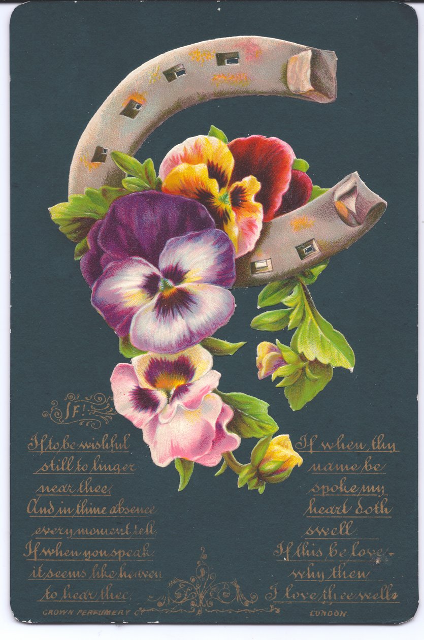 A Victorian good luck greeting card of a horseshoe and pansies, c.1880dani af English School