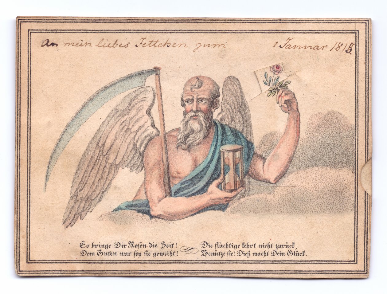 Et victoriansk lykønskningskort af den grumme høster med en le og timeglas med en rose, ca. 1815 (farve litho) af English School