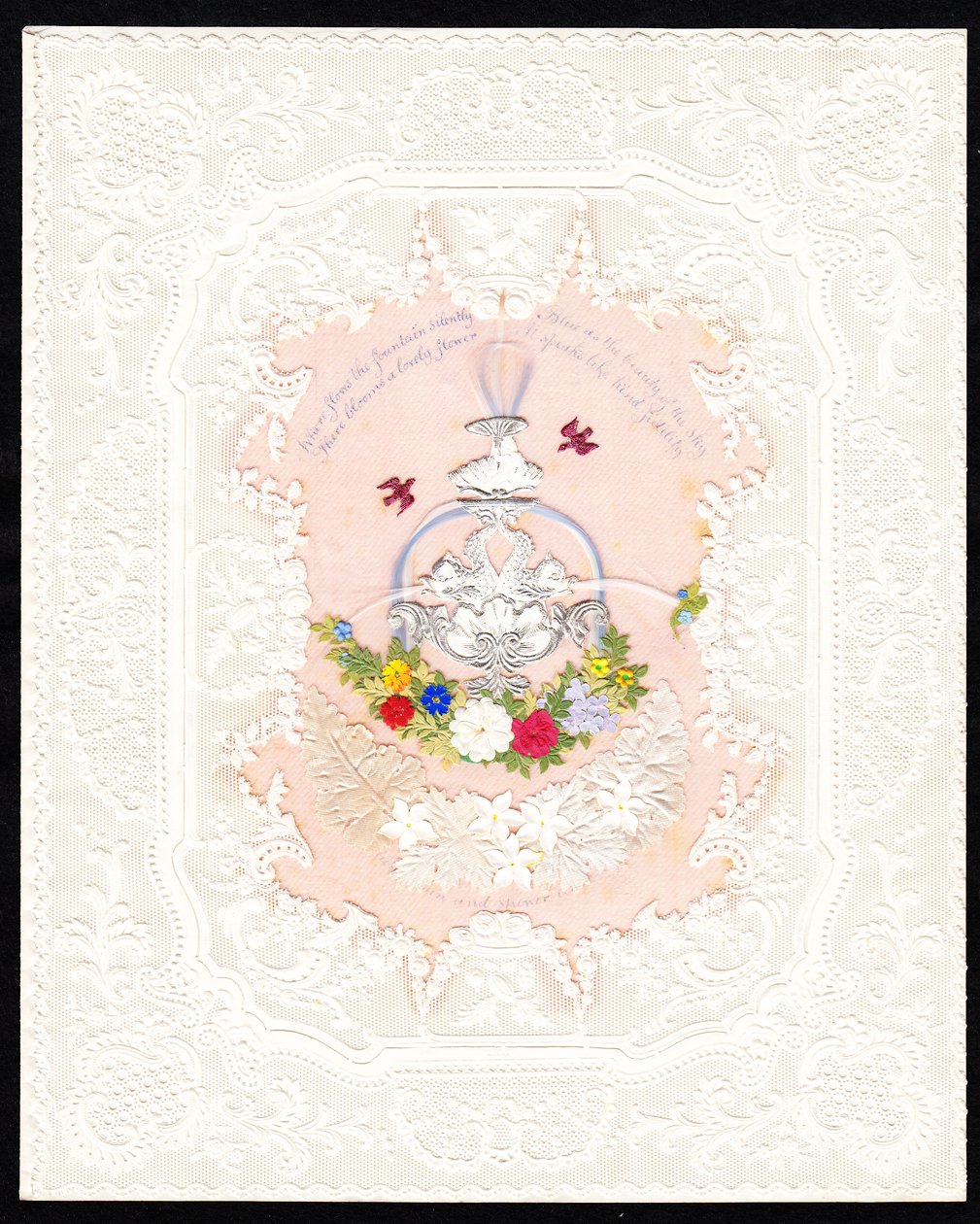 Et victoriansk valentinskort af papirblonder med et springvand med blomster, ca. 1870 (farvelitografi) af English School