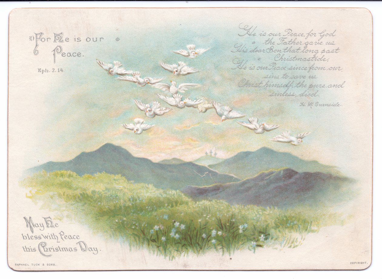 Et victoriansk religiøst julekort med flyvende duer i form af et kors, ca. 1880 (farve litho) af English School